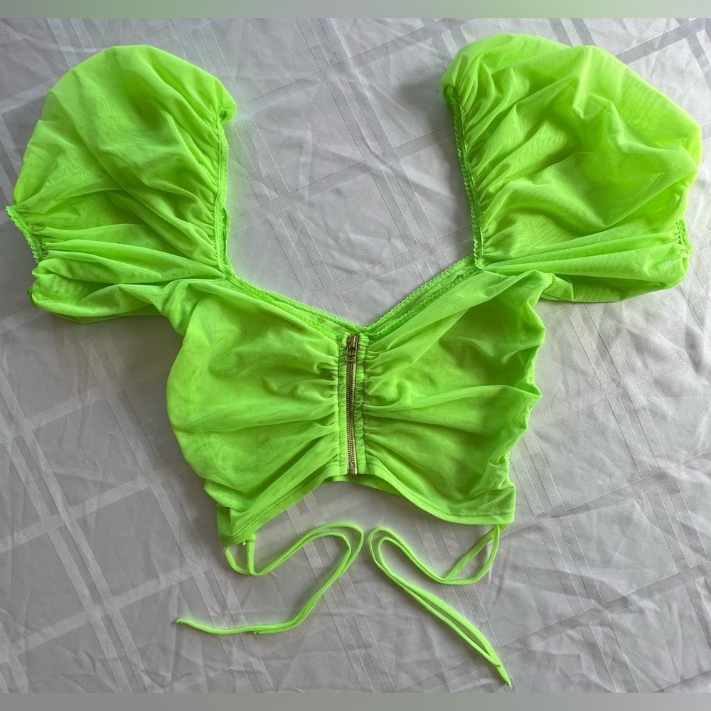 For Love & Lemons Sheer Mesh Puff Sleeve Crop Zipper Back Ties Bright Neon Lime - Picture 6 of 9